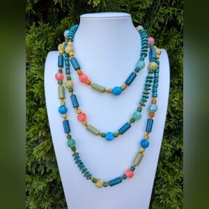 Vintage Colorful Wood & Plastic Bead Long Necklace 68" Boho Hippie Artsy
